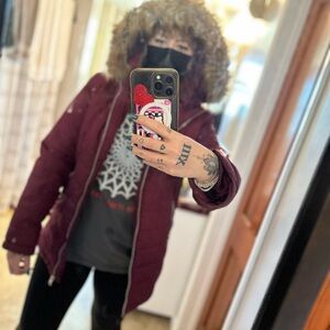 Maroon Outerwear Puffer jacket with Fur Trim